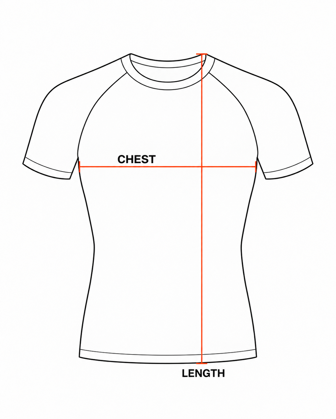 Classic Compression Tee measurement guide showing chest width and garment length.