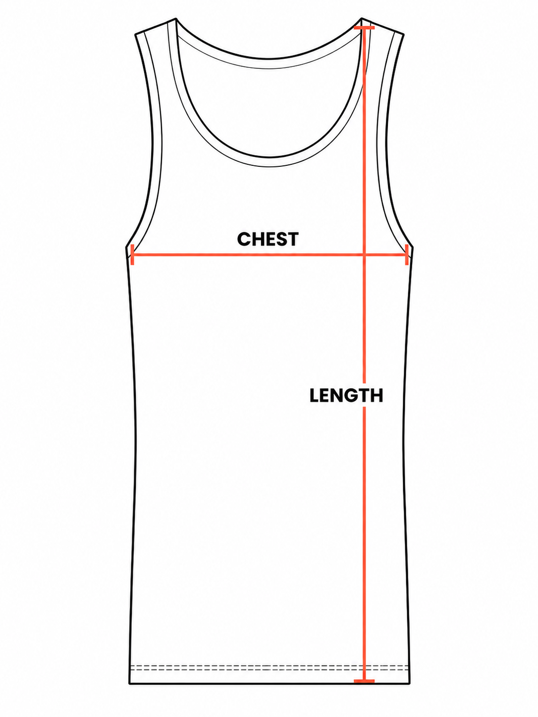 Embroidery Tank measurement guide showing chest width and garment length