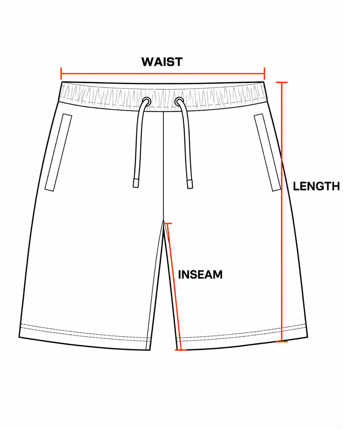 Black Mesh Shorts measurement guide showing waist width, inseam and length