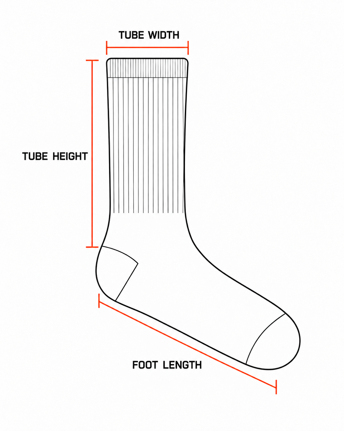 Crew sock measurement guide showing tube height, tube width and foot length