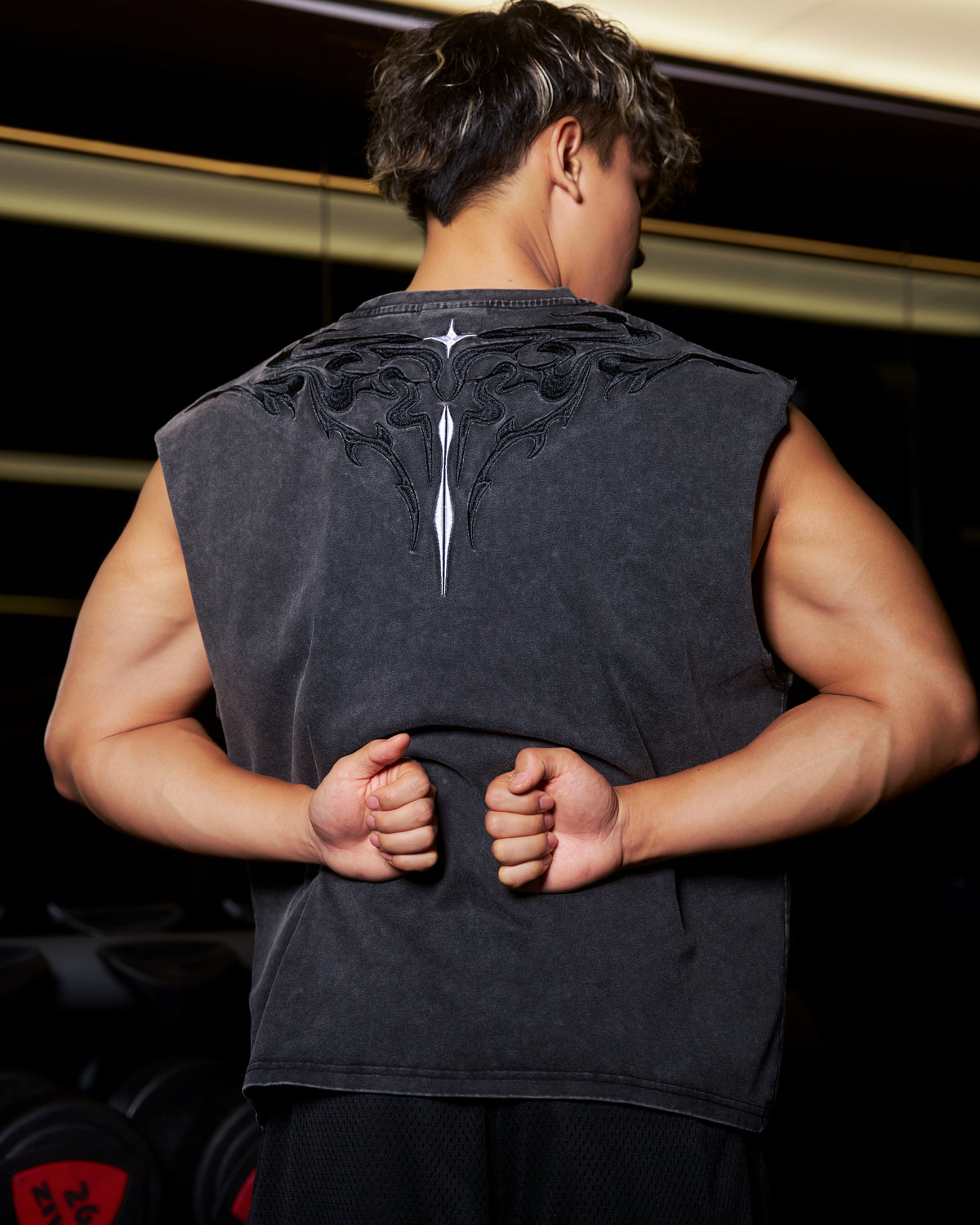 WASHED SIGIL CUT-OFF — original back design worn in the gym